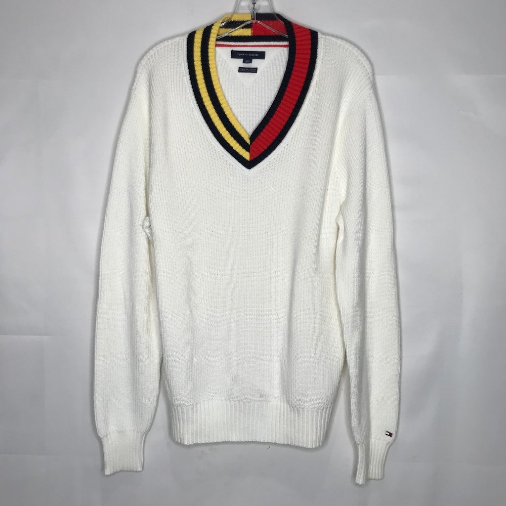 Tommy Hilfiger Men’s Sweater sz Lg. Cotton Cream Knit V-Neck Classic Logo Preppy
